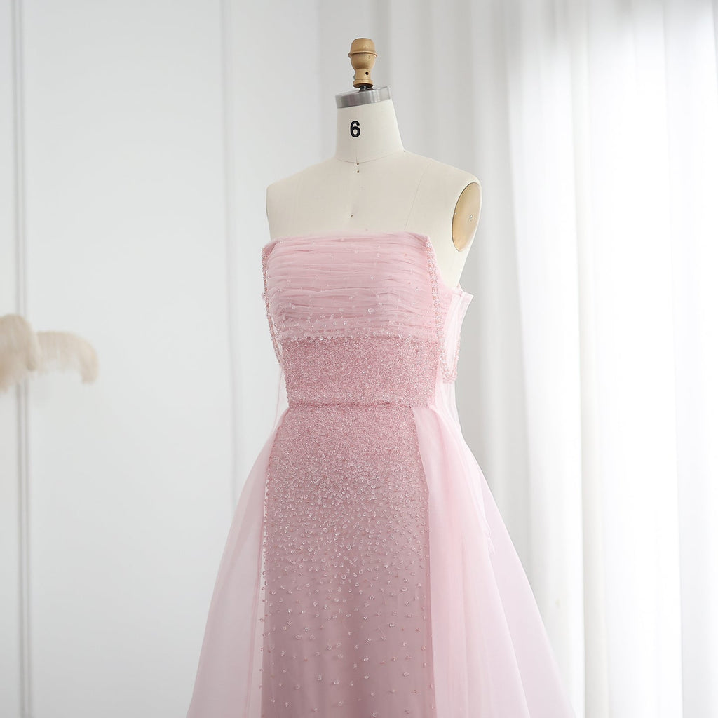 Luxury Beaded Pink Gloves Evening Dress with Overskirt SS429