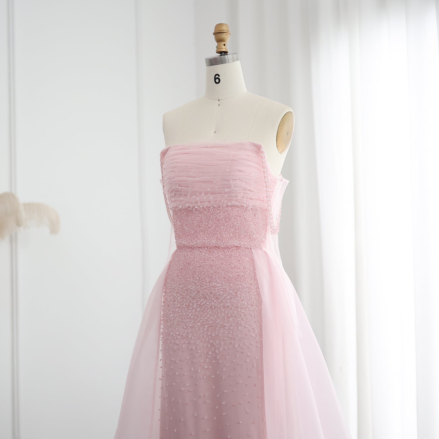 Luxury Beaded Pink Gloves Evening Dress with Overskirt SS429