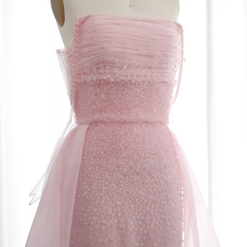 Luxury Beaded Pink Gloves Evening Dress with Overskirt SS429