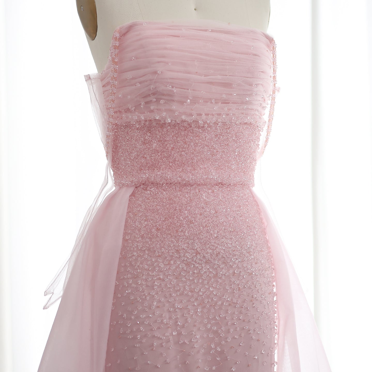 Luxury Beaded Pink Gloves Evening Dress with Overskirt SS429