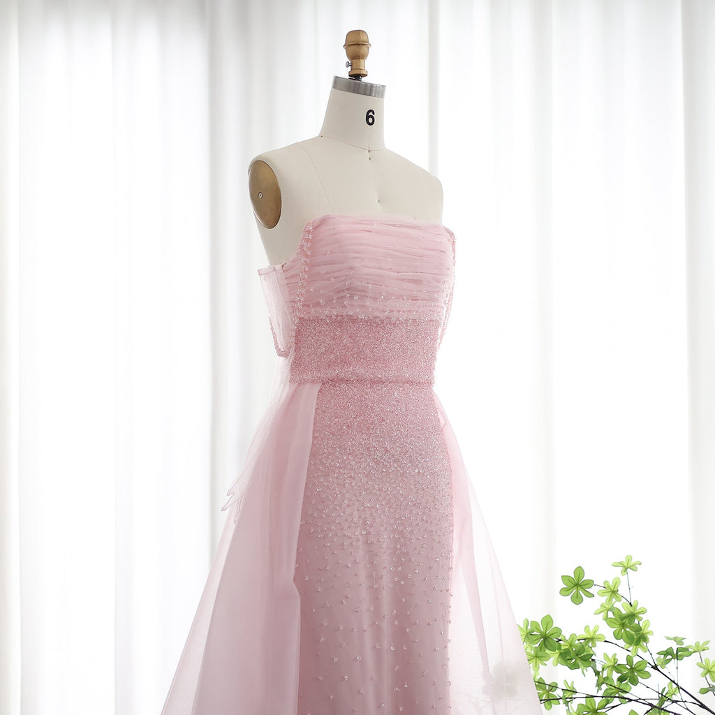 Luxury Beaded Pink Gloves Evening Dress with Overskirt SS429