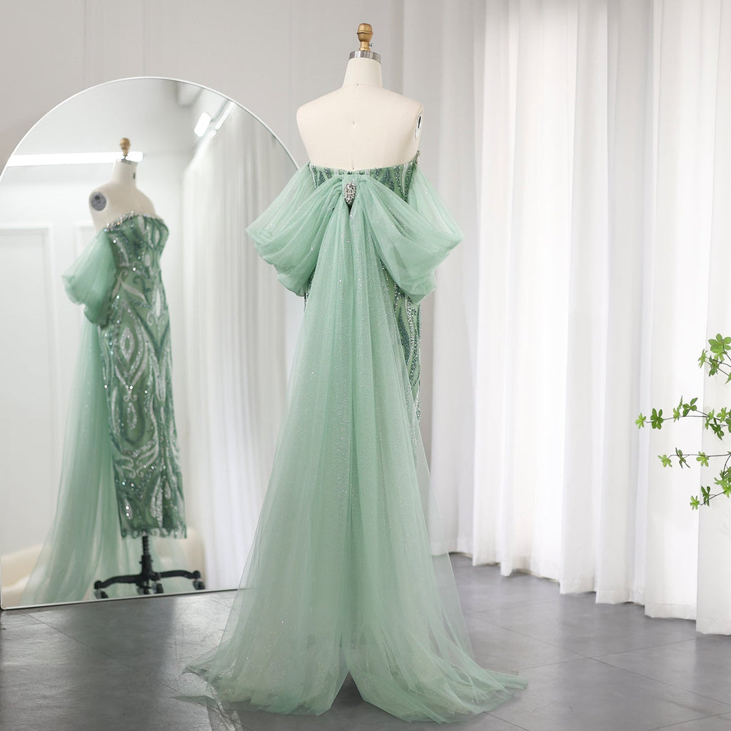 Elegant Crystal Sage Green Evening Dresses with Cape Sleeves SS345