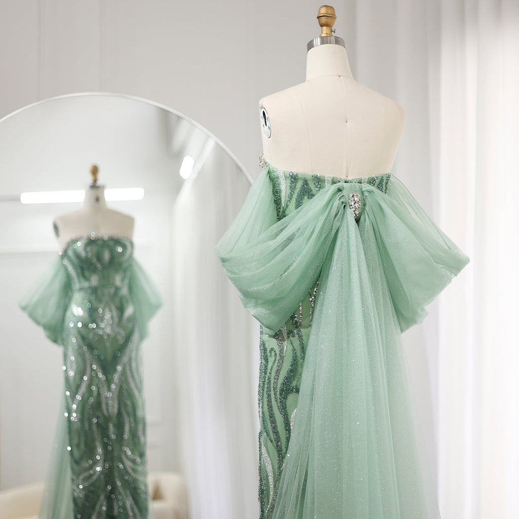 Elegant Crystal Sage Green Evening Dresses with Cape Sleeves SS345