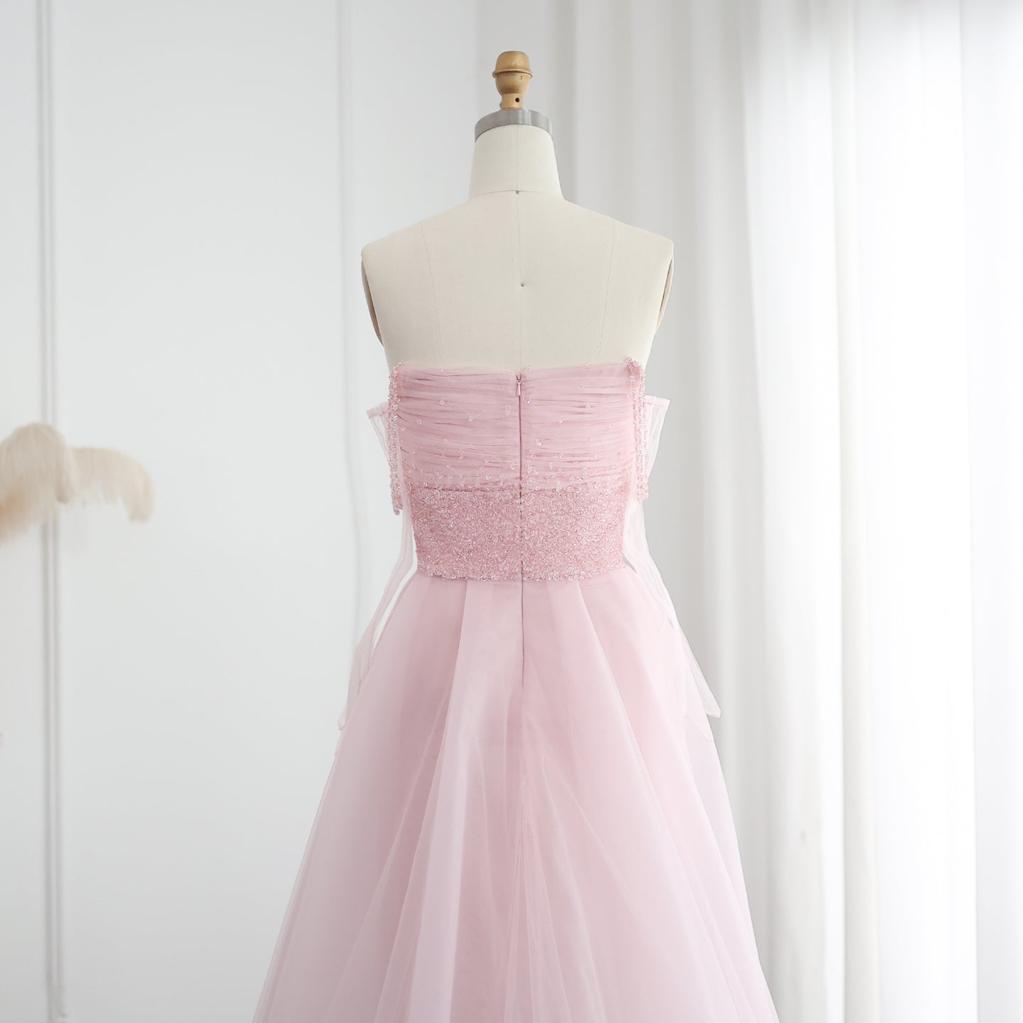 Luxury Beaded Pink Gloves Evening Dress with Overskirt SS429