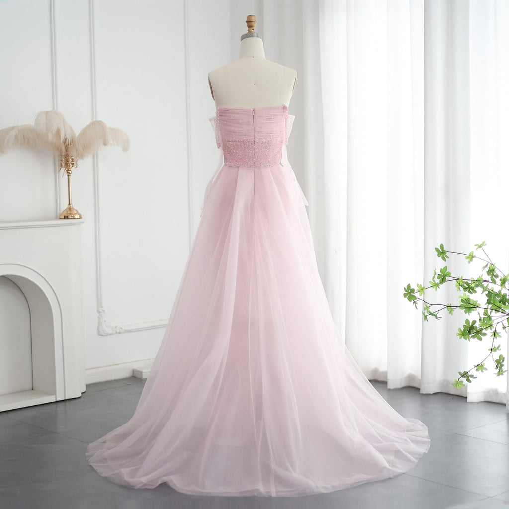 Luxury Beaded Pink Gloves Evening Dress with Overskirt SS429