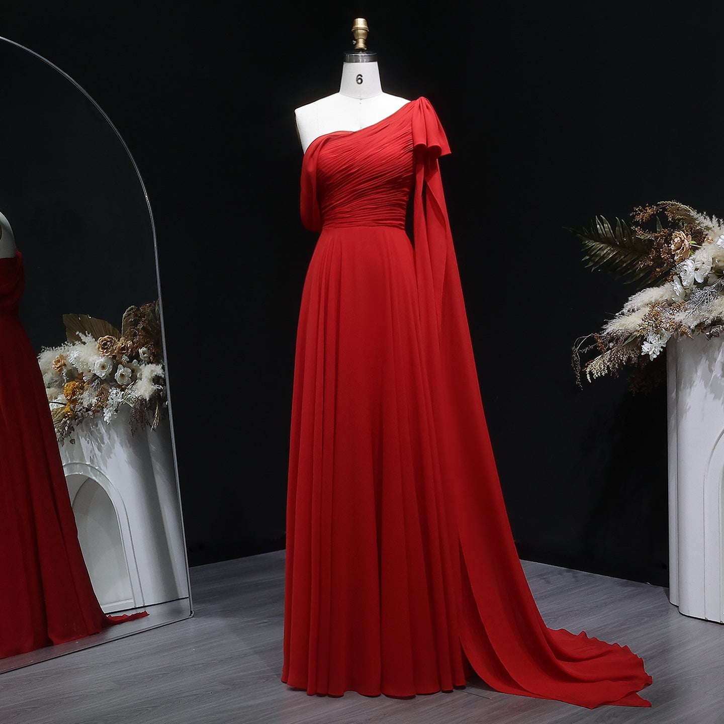 Elegant Red A-Line Evening Dress with Bow Cape Sleeve SF488