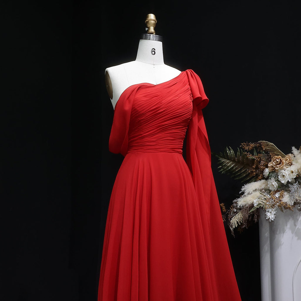 Elegant Red A-Line Evening Dress with Bow Cape Sleeve SF488