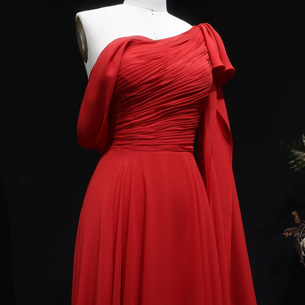 Elegant Red A-Line Evening Dress with Bow Cape Sleeve SF488