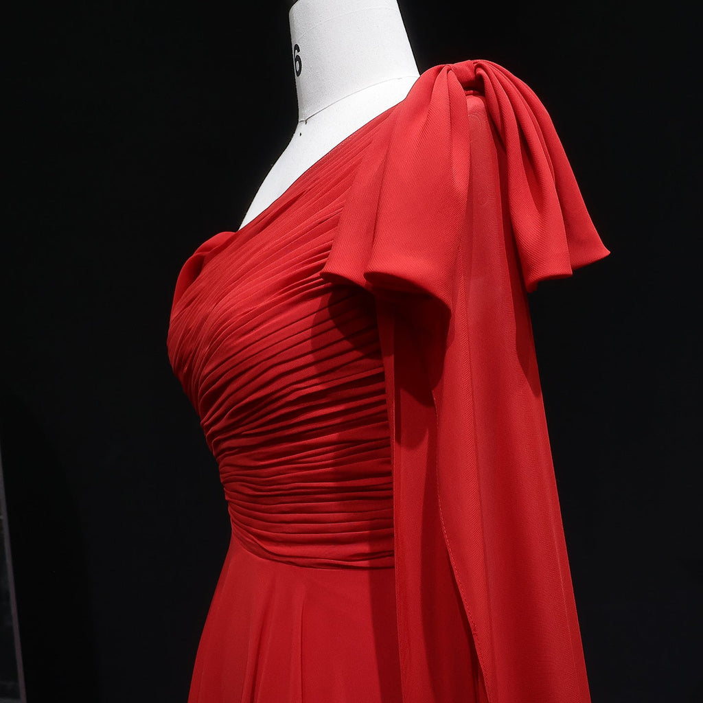 Elegant Red A-Line Evening Dress with Bow Cape Sleeve SF488