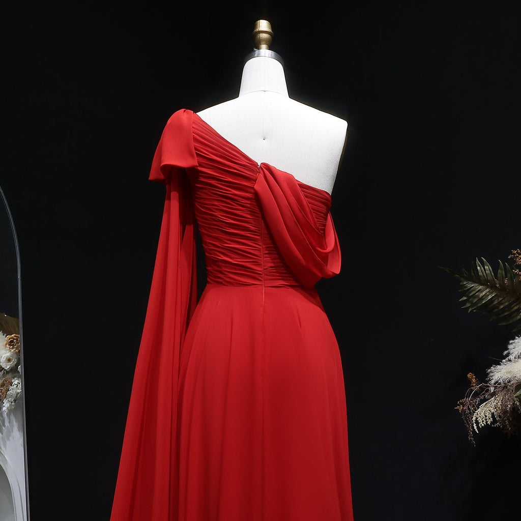 Elegant Red A-Line Evening Dress with Bow Cape Sleeve SF488