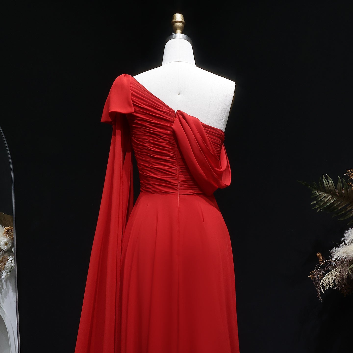 Elegant Red A-Line Evening Dress with Bow Cape Sleeve SF488