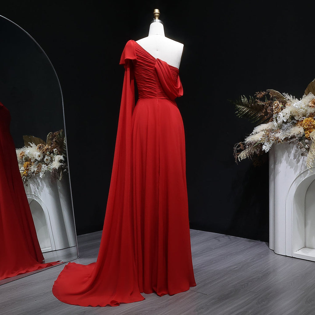 Elegant Red A-Line Evening Dress with Bow Cape Sleeve SF488