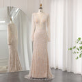 Luxury Nude Long Sleeves V-Neck Mermaid Evening Dress SS459