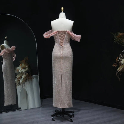 Luxury Off Shoulder Blush Pink Evening Dress SS521
