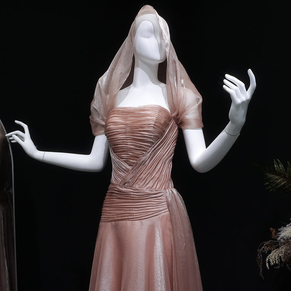 Elegant Champagne Strapless Evening Dress with Scarf and Overskirt SF045