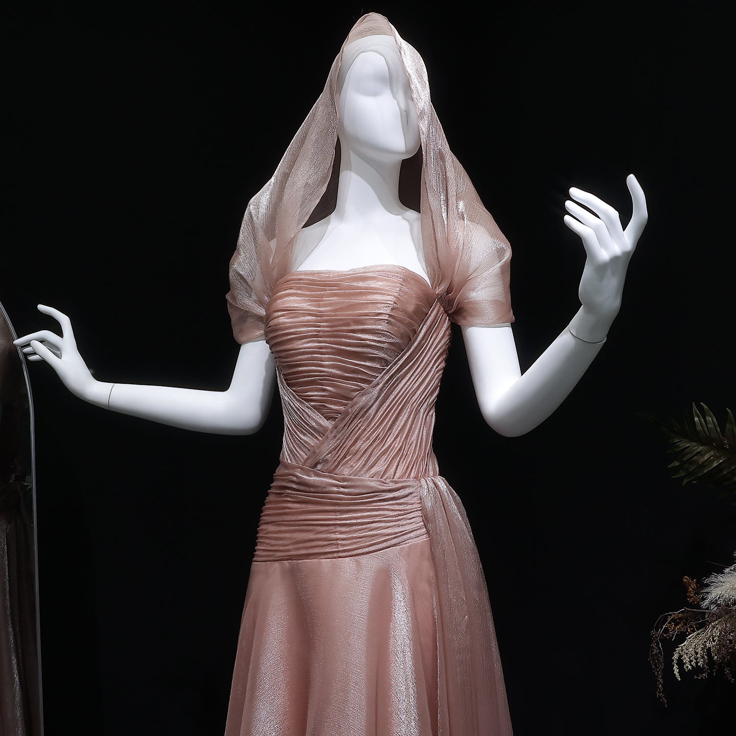 Elegant Champagne Strapless Evening Dress with Scarf and Overskirt SF045