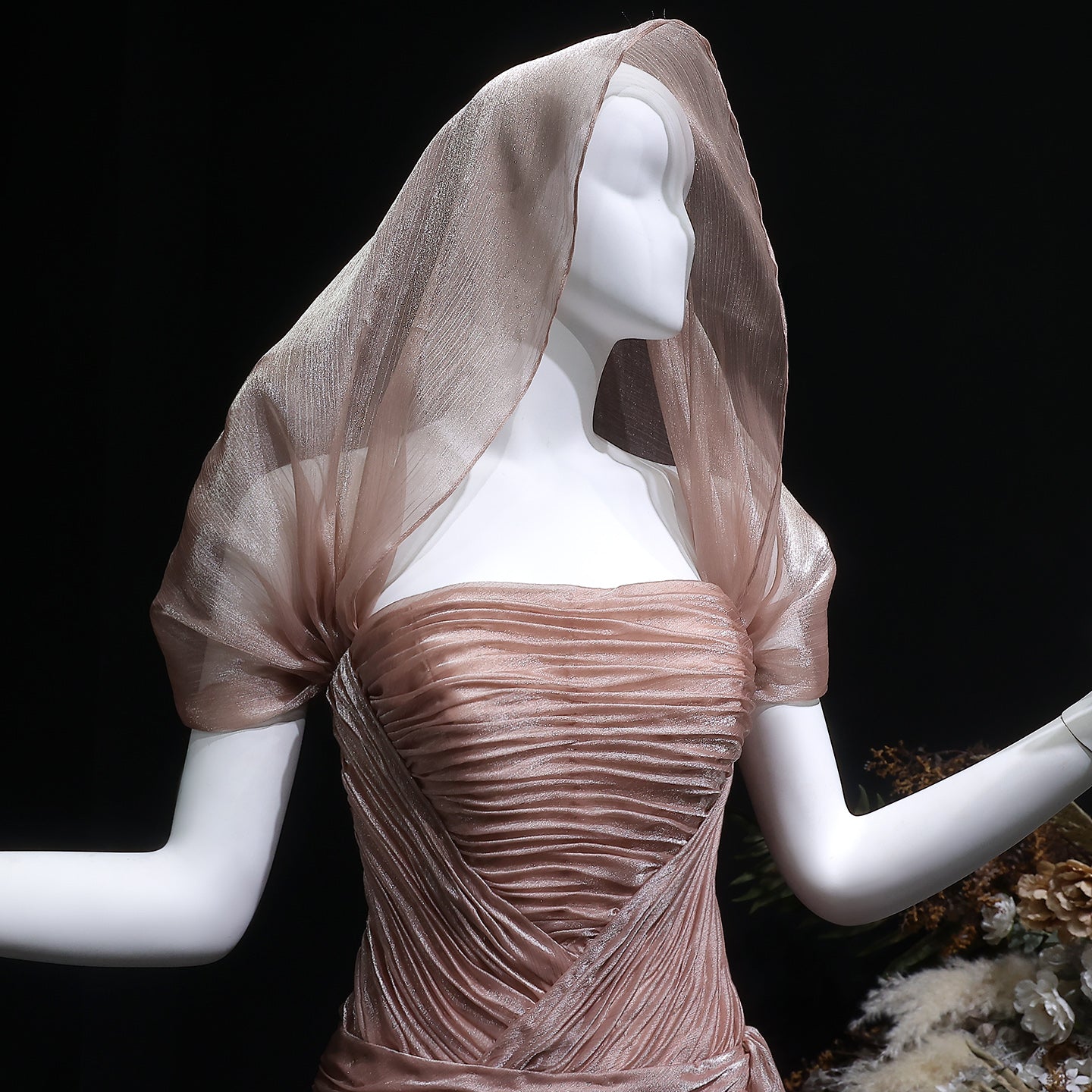 Elegant Champagne Strapless Evening Dress with Scarf and Overskirt SF045