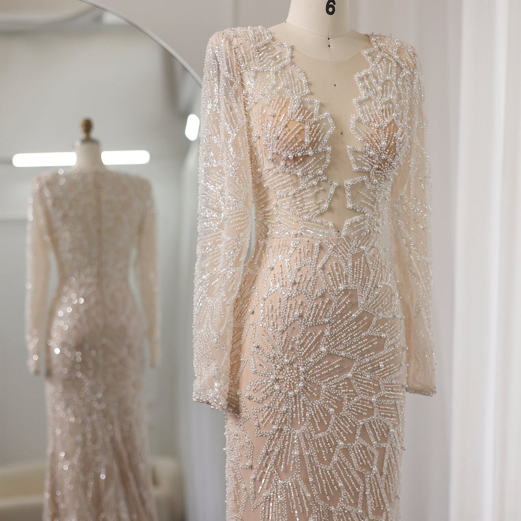 Luxury Nude Long Sleeves V-Neck Mermaid Evening Dress SS459