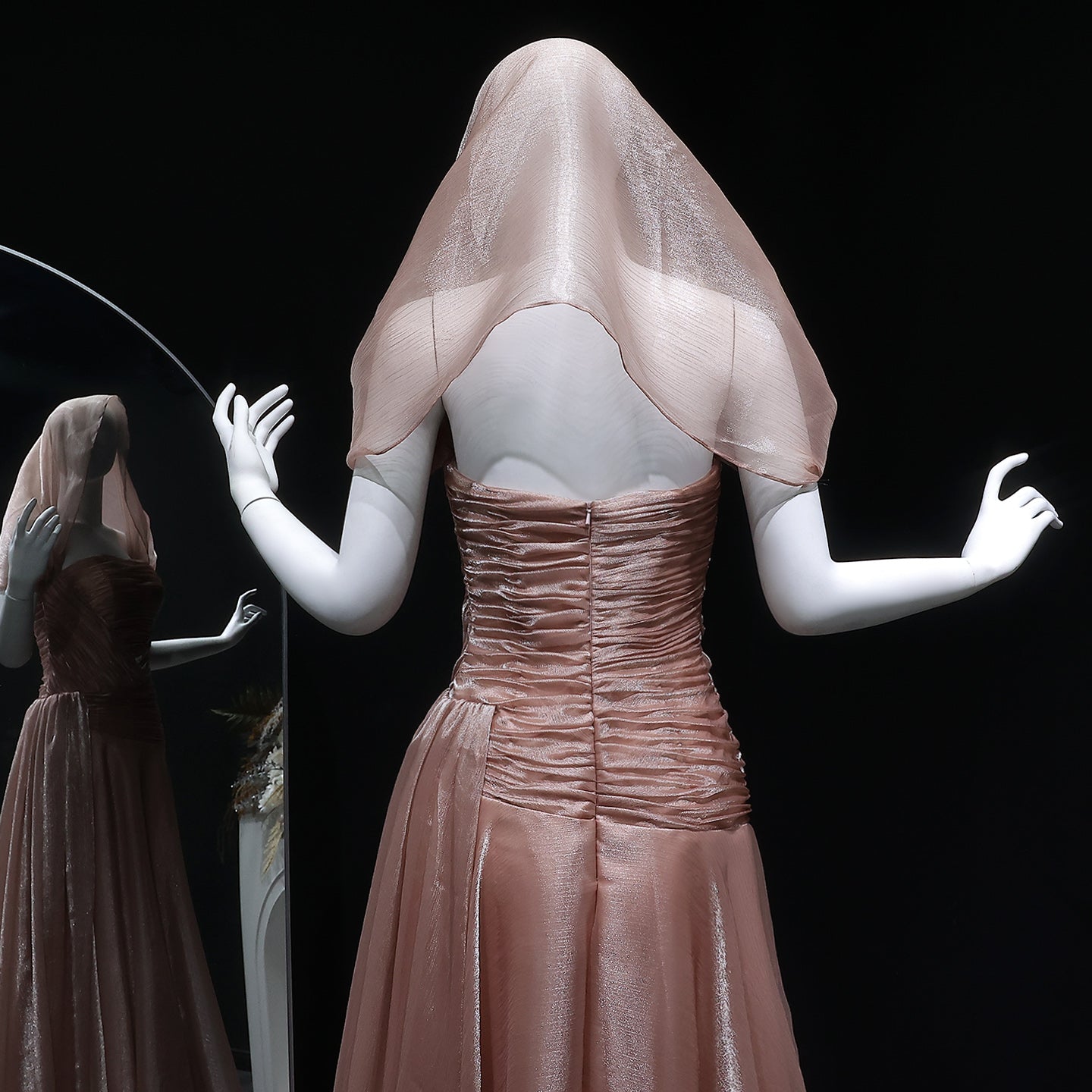 Elegant Champagne Strapless Evening Dress with Scarf and Overskirt SF045