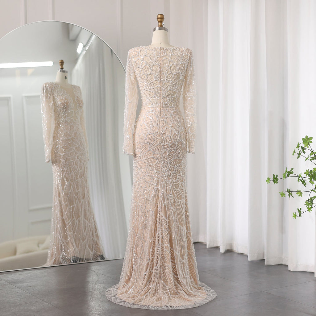 Luxury Nude Long Sleeves V-Neck Mermaid Evening Dress SS459