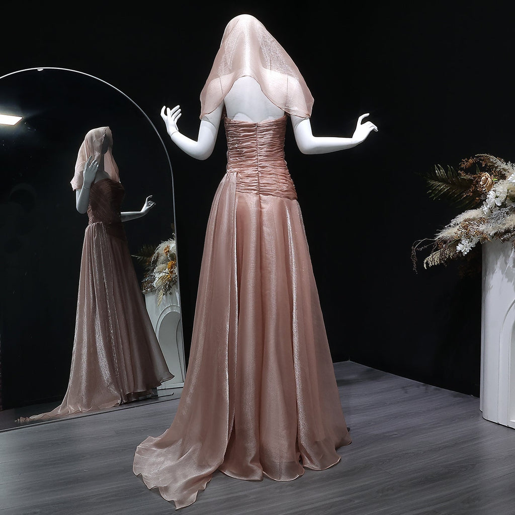 Elegant Champagne Strapless Evening Dress with Scarf and Overskirt SF045
