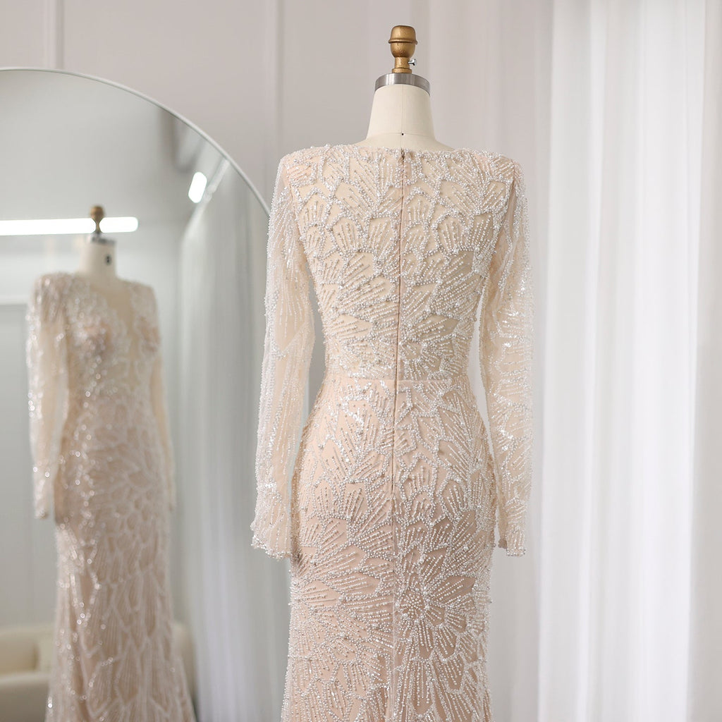 Luxury Nude Long Sleeves V-Neck Mermaid Evening Dress SS459