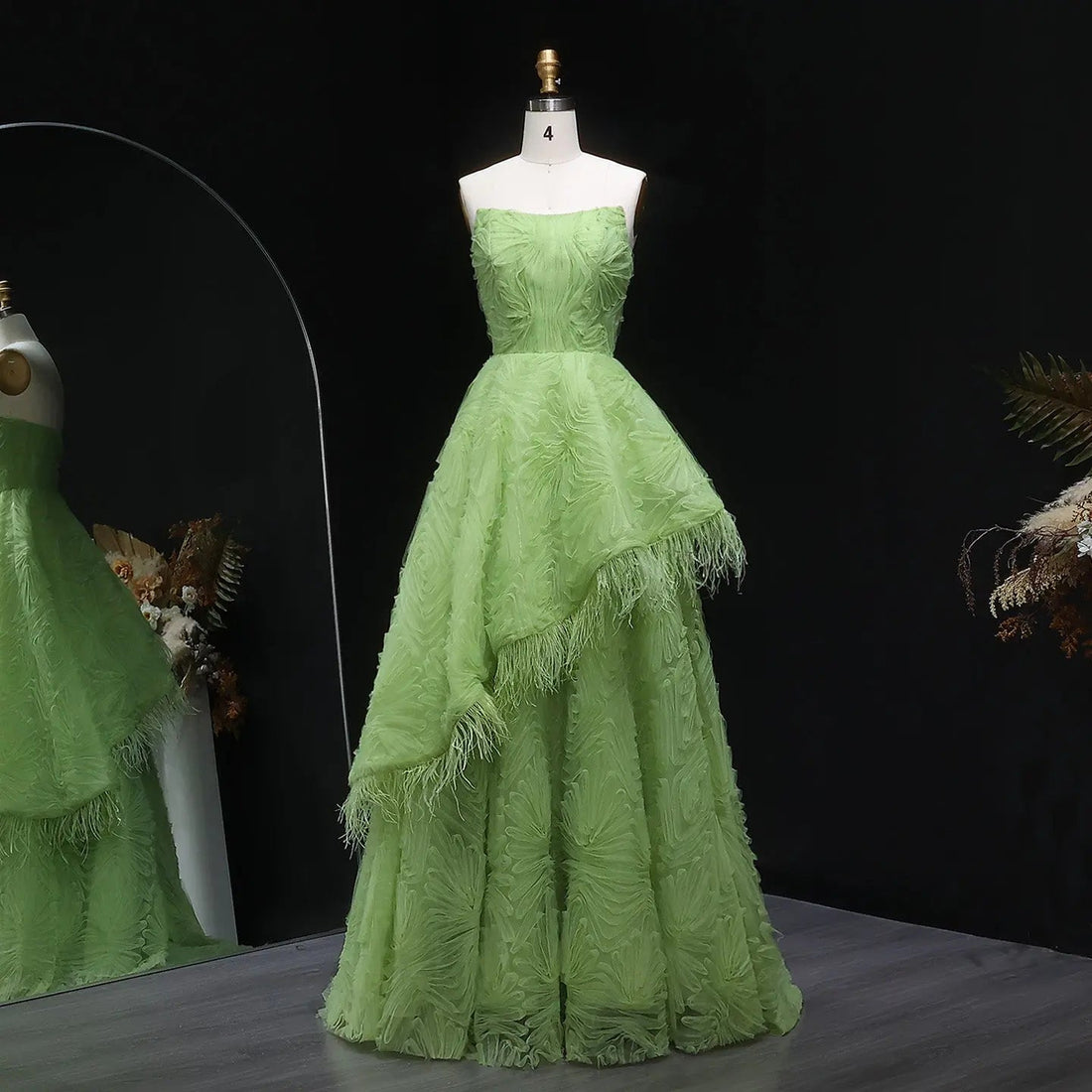 Luxury Feather 3D Floral Lime Green Strapless Evening Dress SF034