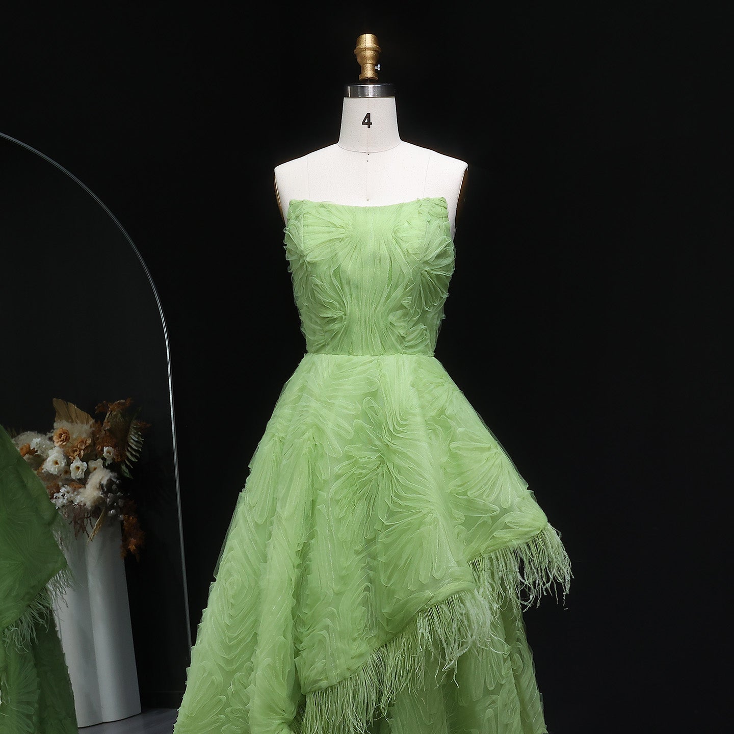 Luxury Feather 3D Floral Lemon Green Strapless Evening Dress SF034