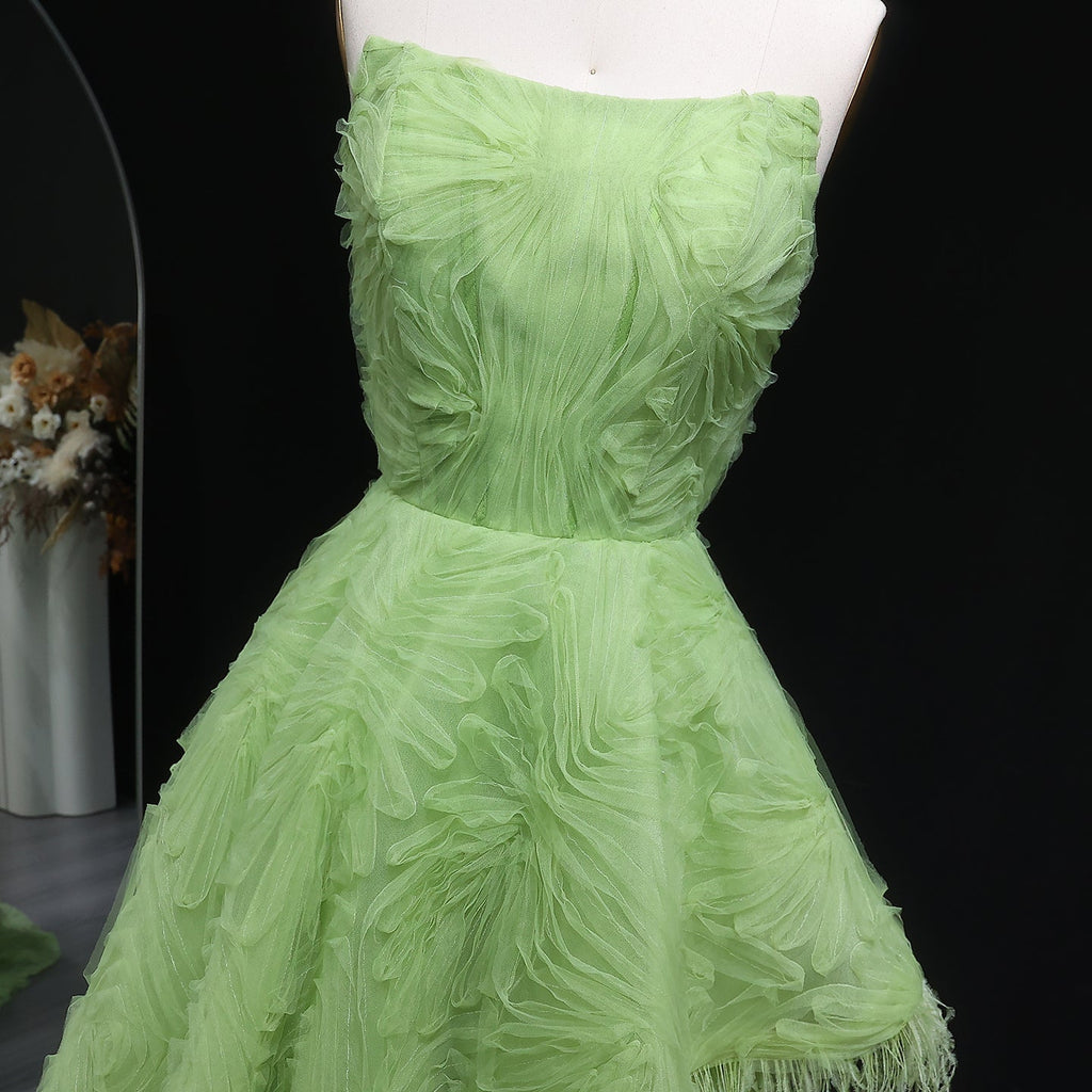 Luxury Feather 3D Floral Lemon Green Strapless Evening Dress SF034
