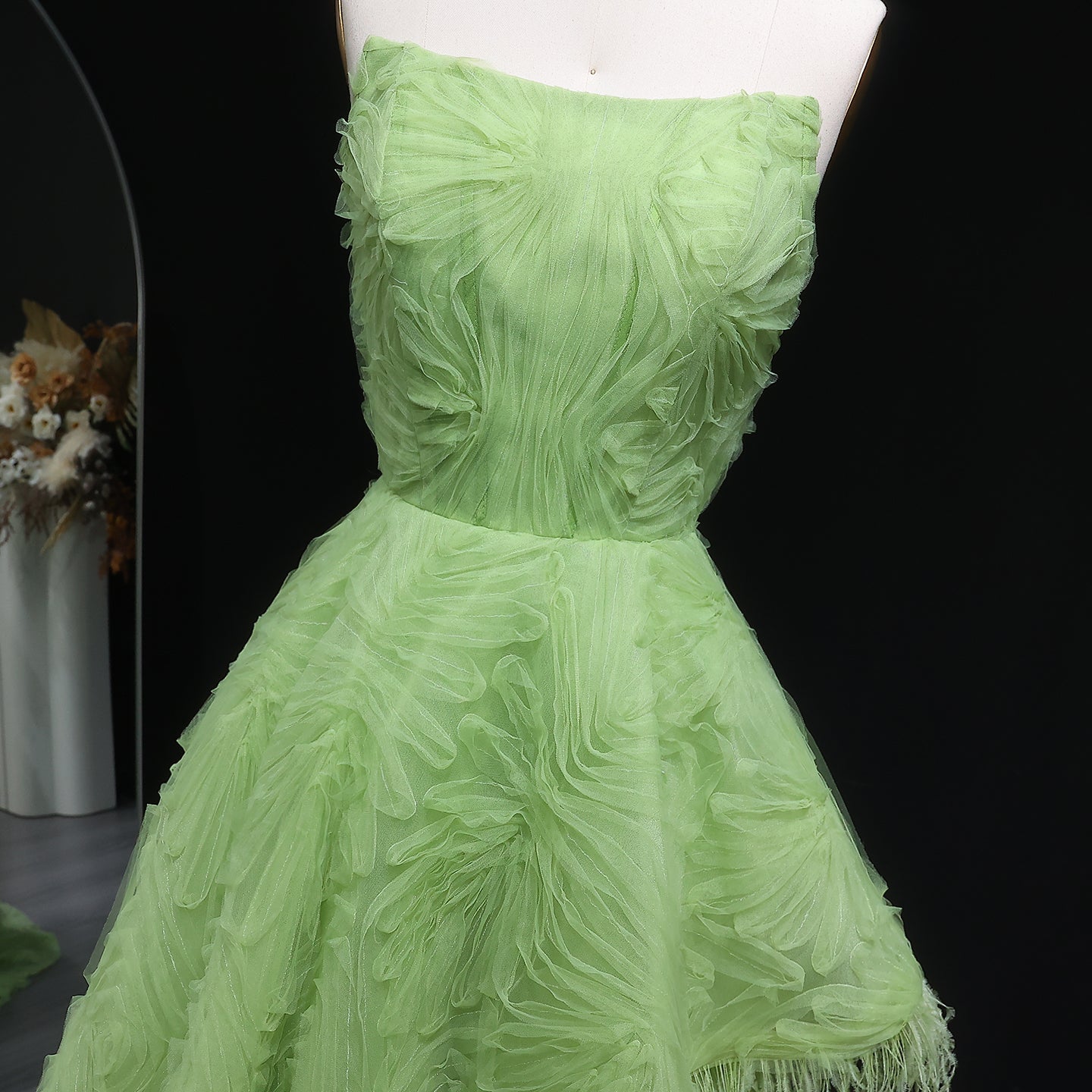 Luxury Feather 3D Floral Lemon Green Strapless Evening Dress SF034