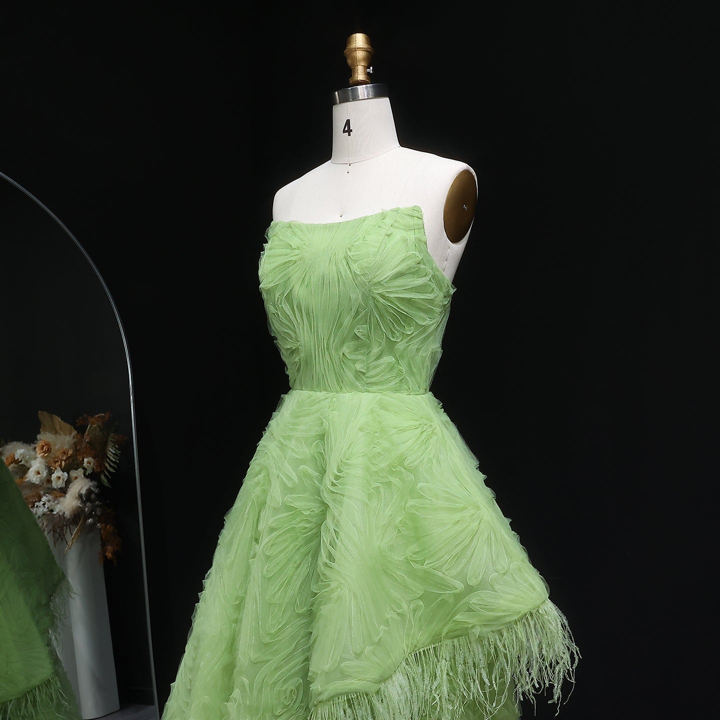 Luxury Feather 3D Floral Lemon Green Strapless Evening Dress SF034