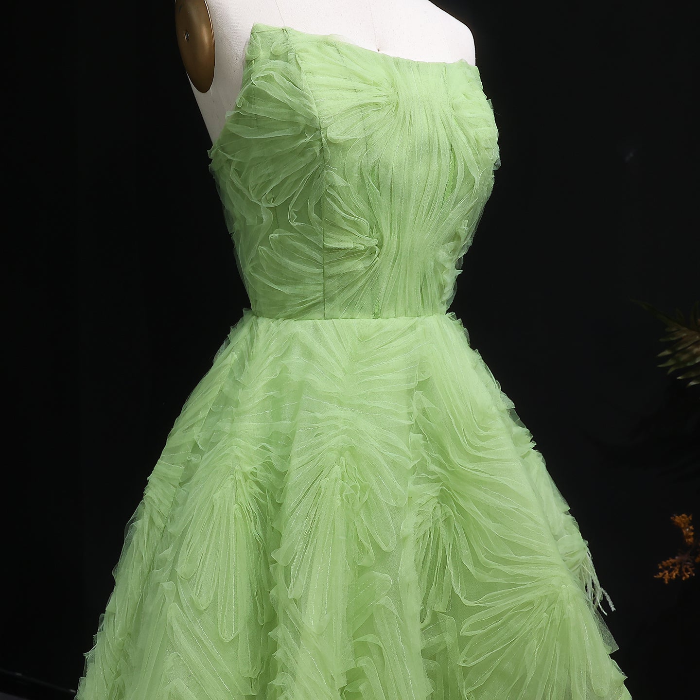 Luxury Feather 3D Floral Lemon Green Strapless Evening Dress SF034