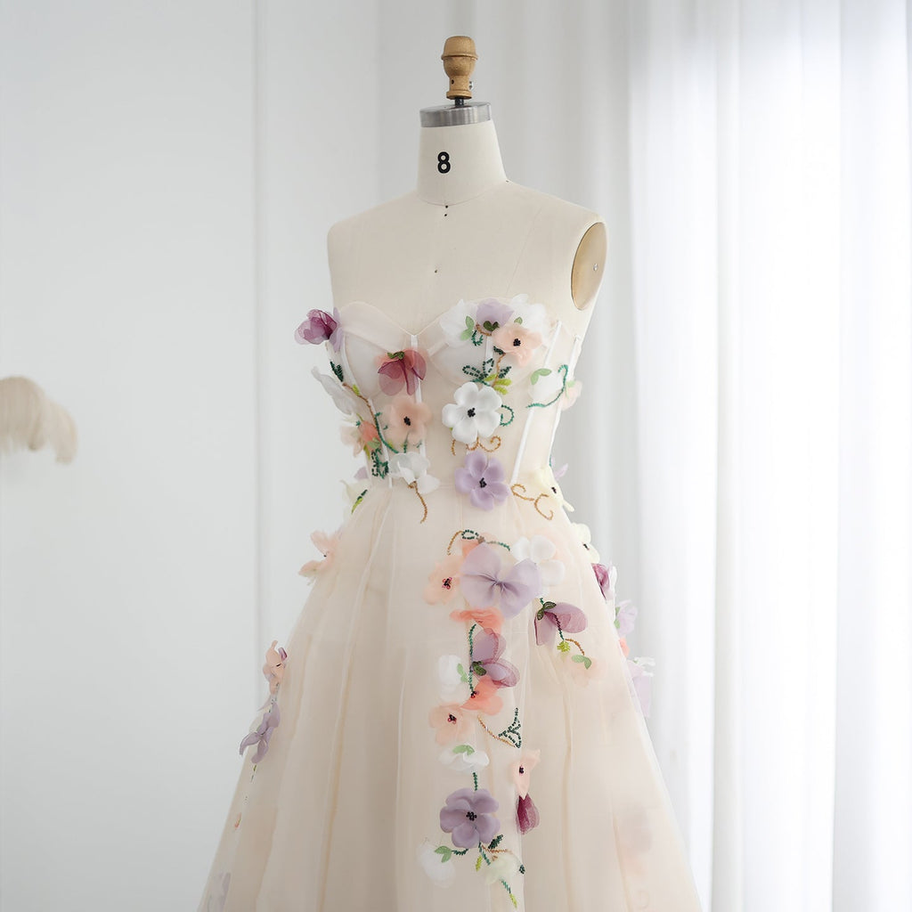 Elegant 3D Flowers Khaki A-line Midi Evening Dress SS334
