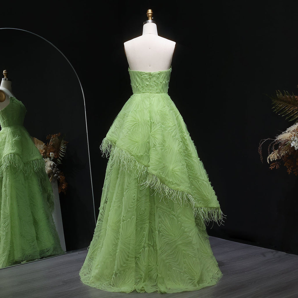 Luxury Feather 3D Floral Lemon Green Strapless Evening Dress SF034
