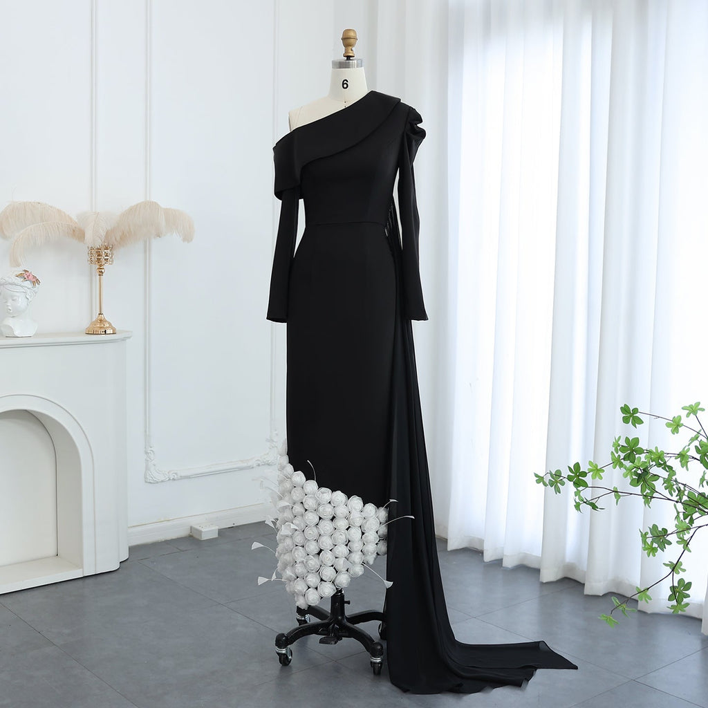 Elegant Feathers Black One Shoulder 3D Flowers Evening Dress SS488