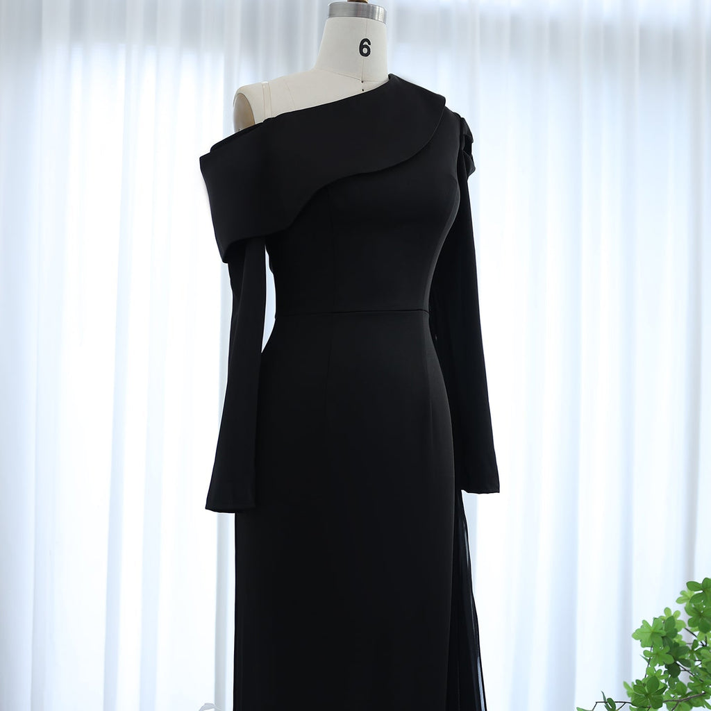 Elegant Feathers Black One Shoulder 3D Flowers Evening Dress SS488