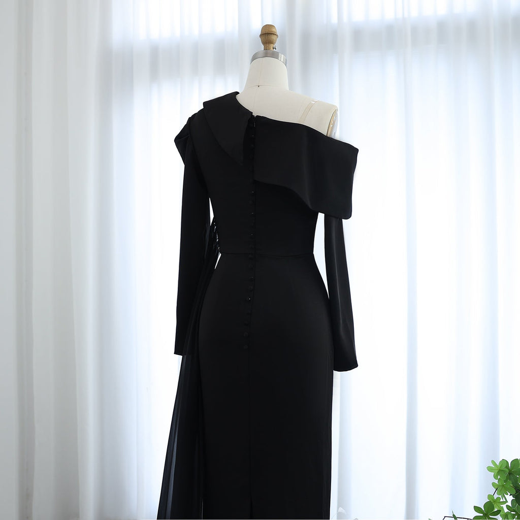 Elegant Feathers Black One Shoulder 3D Flowers Evening Dress SS488