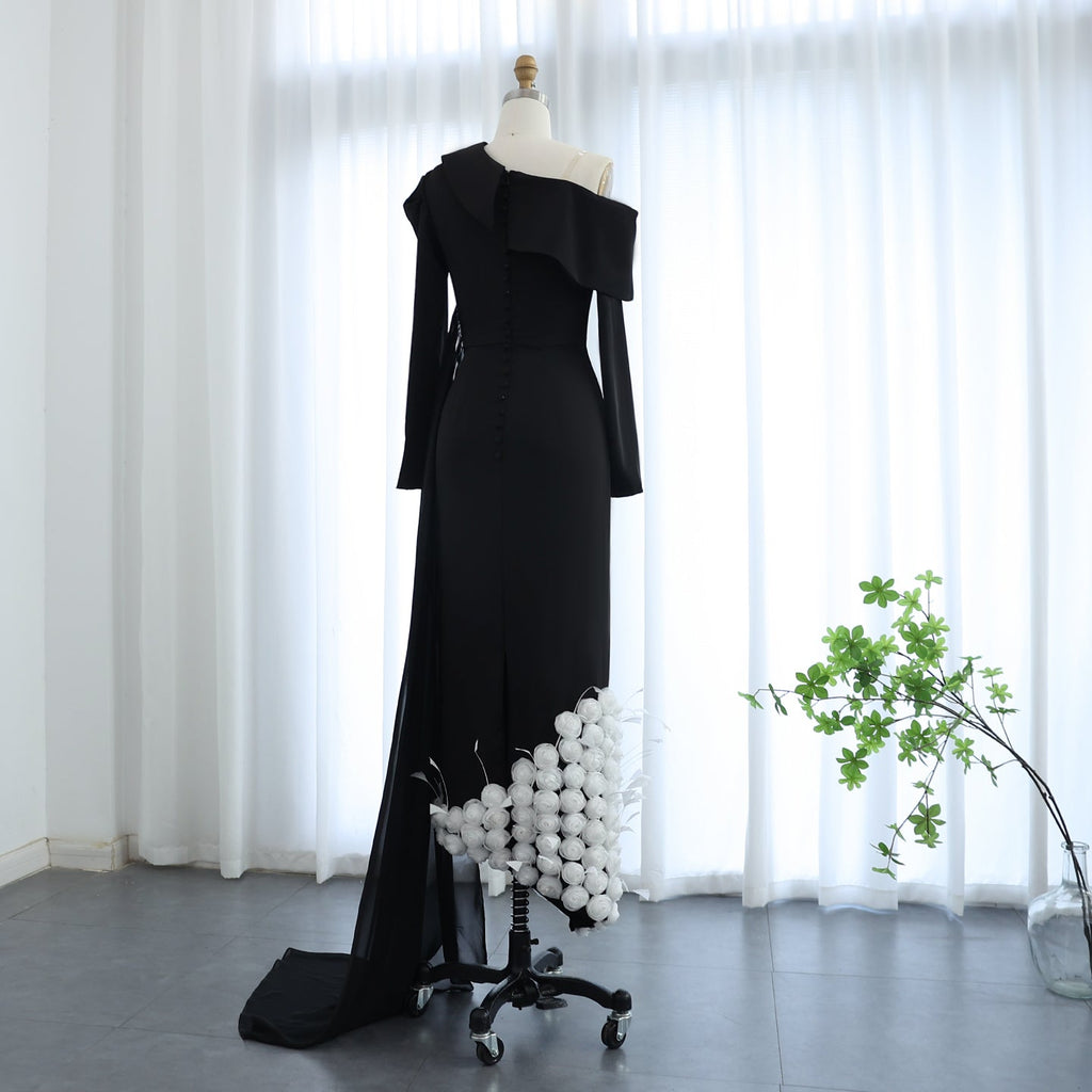 Elegant Feathers Black One Shoulder 3D Flowers Evening Dress SS488