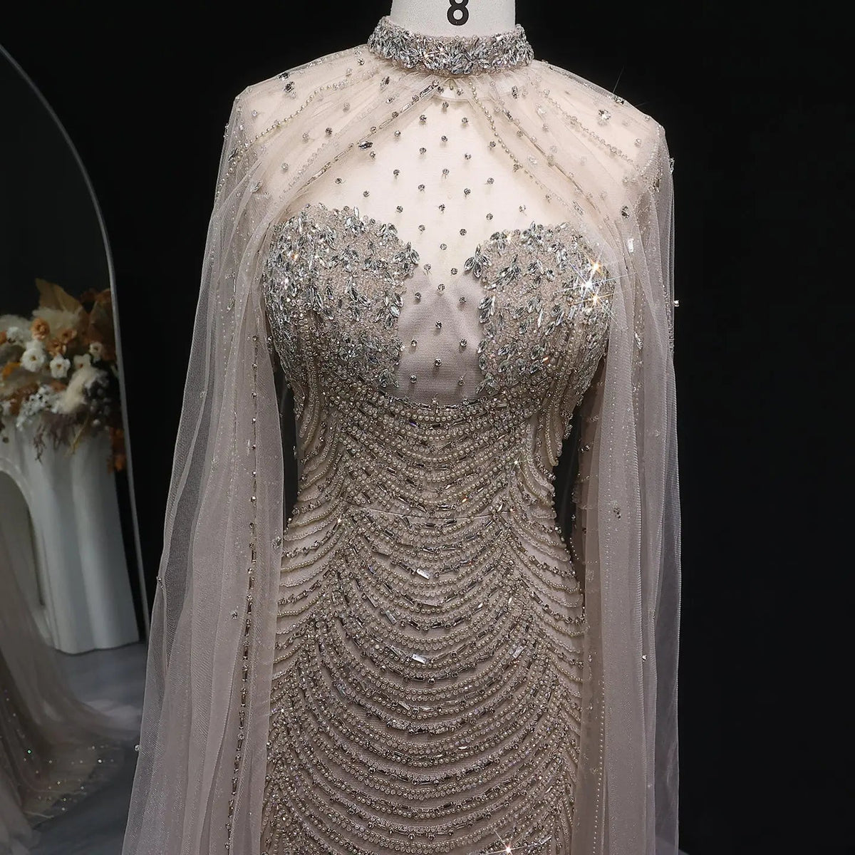 Luxury Champagne Beaded Evening Gown with Sheer Cape SS165