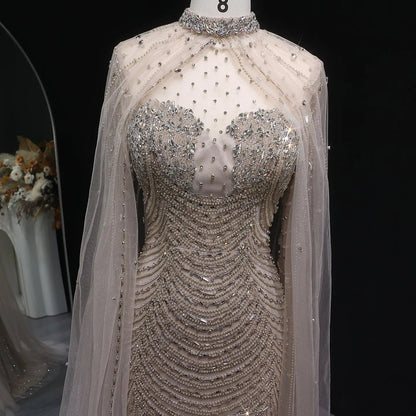 Luxury Champagne Beaded Evening Gown with Sheer Cape SS165