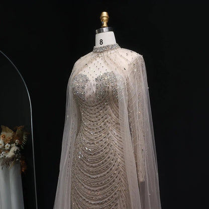Luxury Champagne Beaded Evening Gown with Sheer Cape SS165