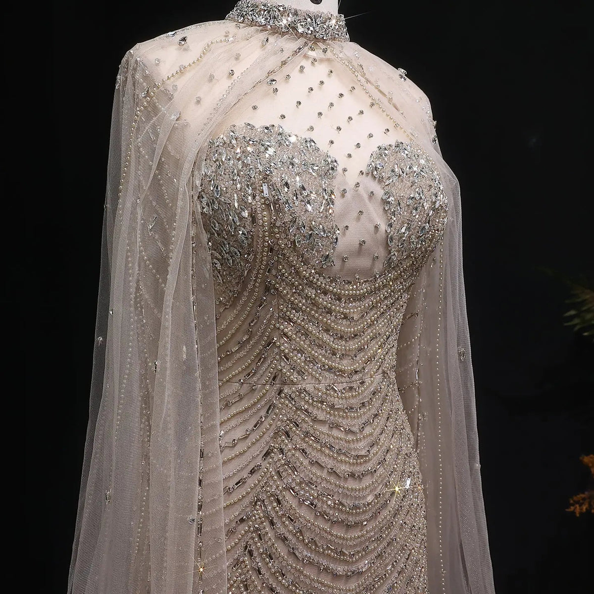 Luxury Champagne Beaded Evening Gown with Sheer Cape SS165