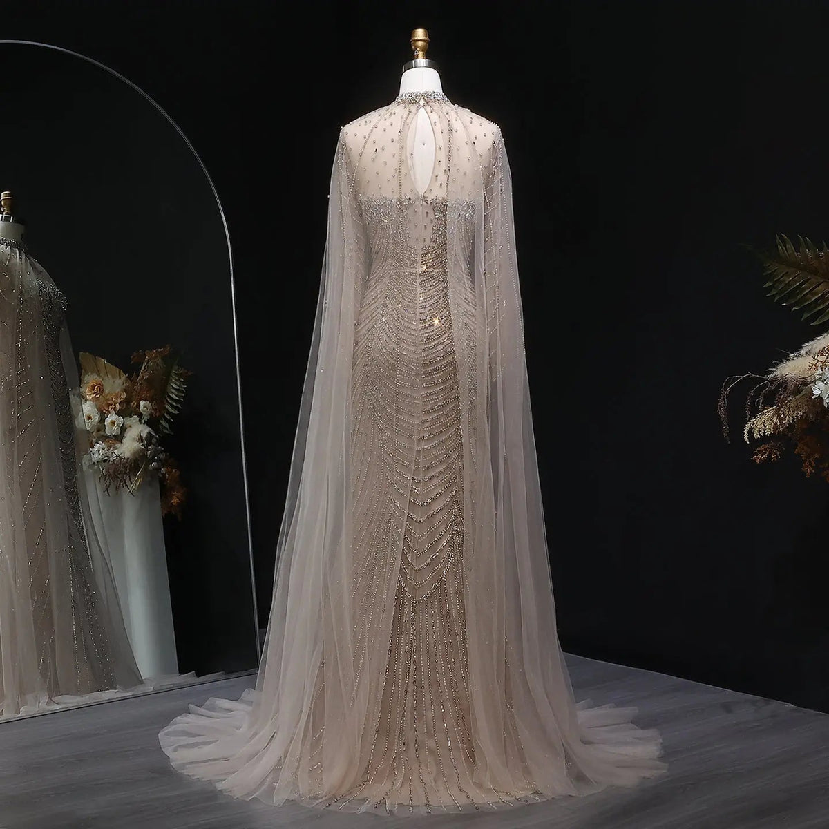 Luxury Champagne Beaded Evening Gown with Sheer Cape SS165