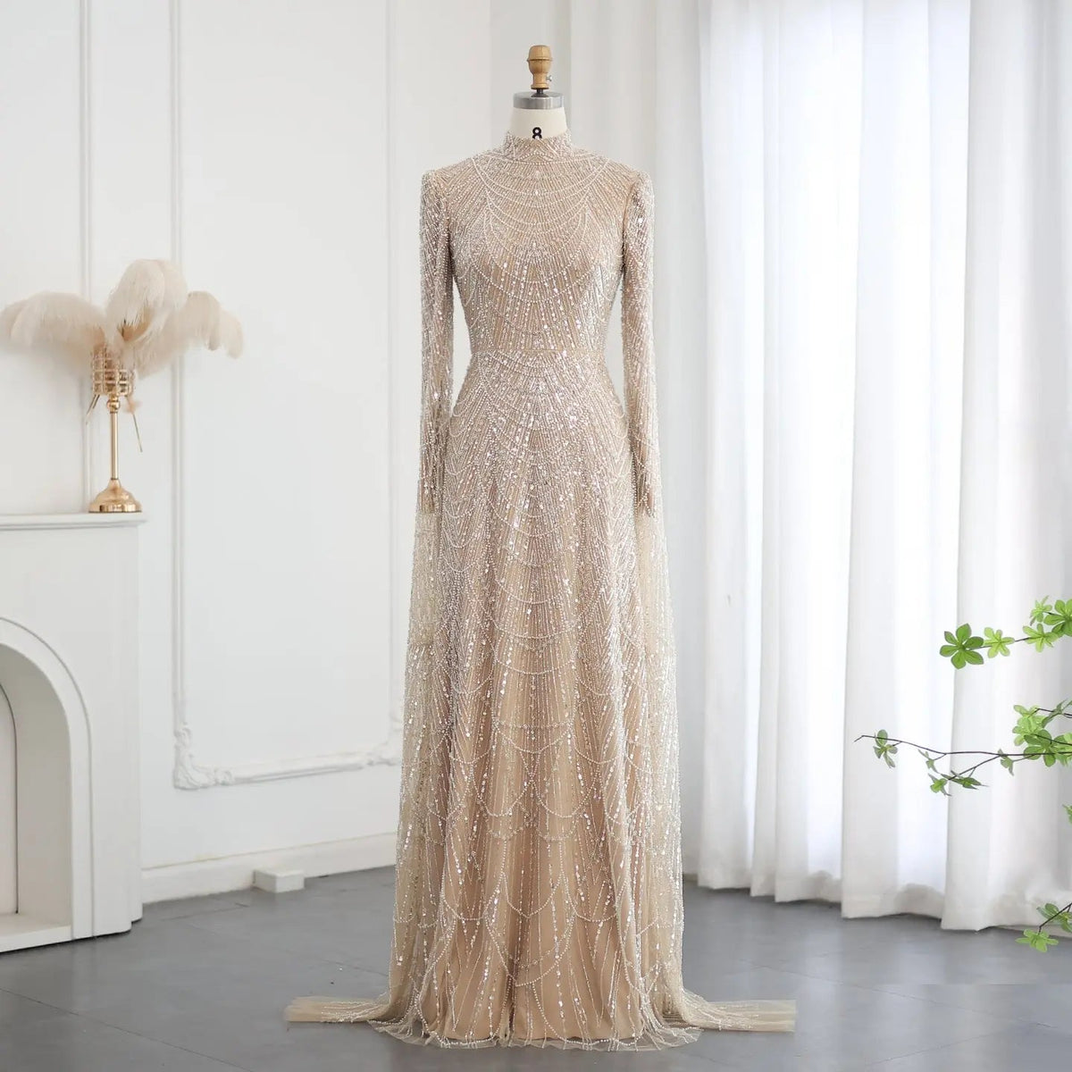 Luxury Sage Green Evening Dress with Cape Sleeves SS630