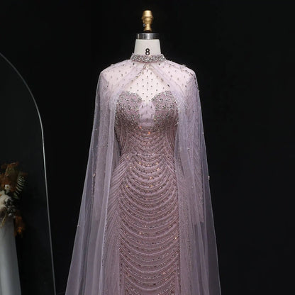 Luxury Champagne Beaded Evening Gown with Sheer Cape SS165