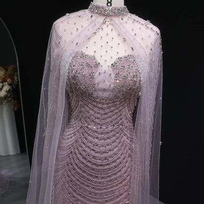 Luxury Champagne Beaded Evening Gown with Sheer Cape SS165