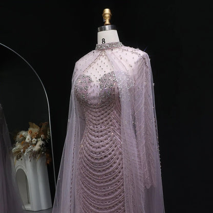 Luxury Champagne Beaded Evening Gown with Sheer Cape SS165