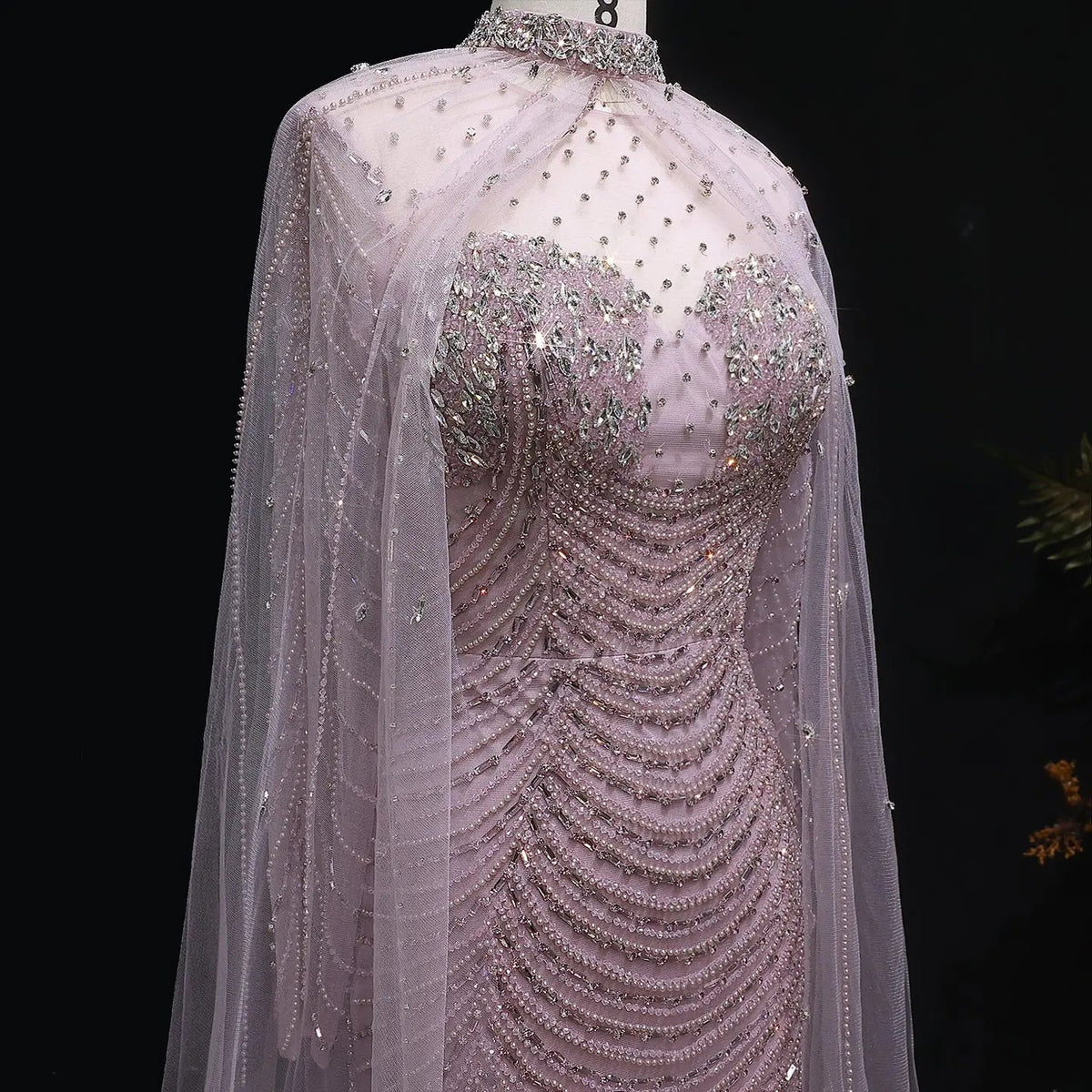 Luxury Champagne Beaded Evening Gown with Sheer Cape SS165