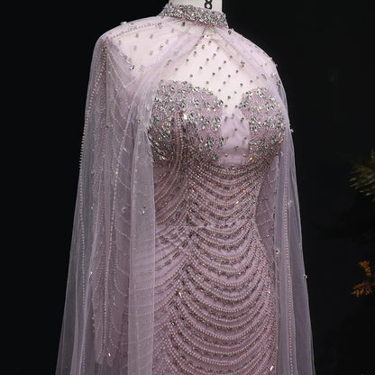 Luxury Champagne Beaded Evening Gown with Sheer Cape SS165