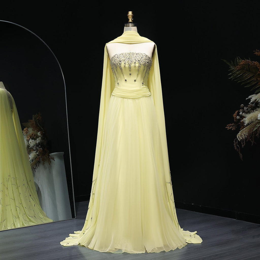 Graceful Crystal Yellow Strapless Evening Dress with Scarf XD-009